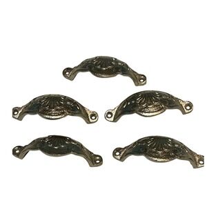 Vintage Style Ornate Shell Bin Cup Pulls Polished Nickel Drawer Handles Set of 5